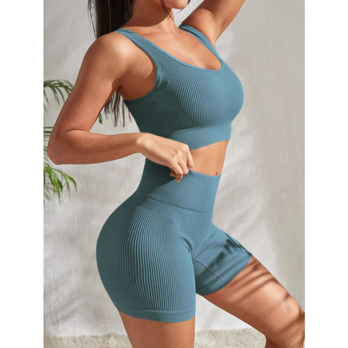 Ribbed Yoga Set Crop Tank And High Waist Shorts