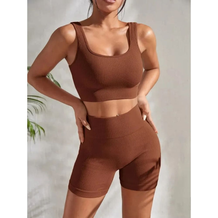 Ribbed Yoga Set Crop Tank And High Waist Shorts