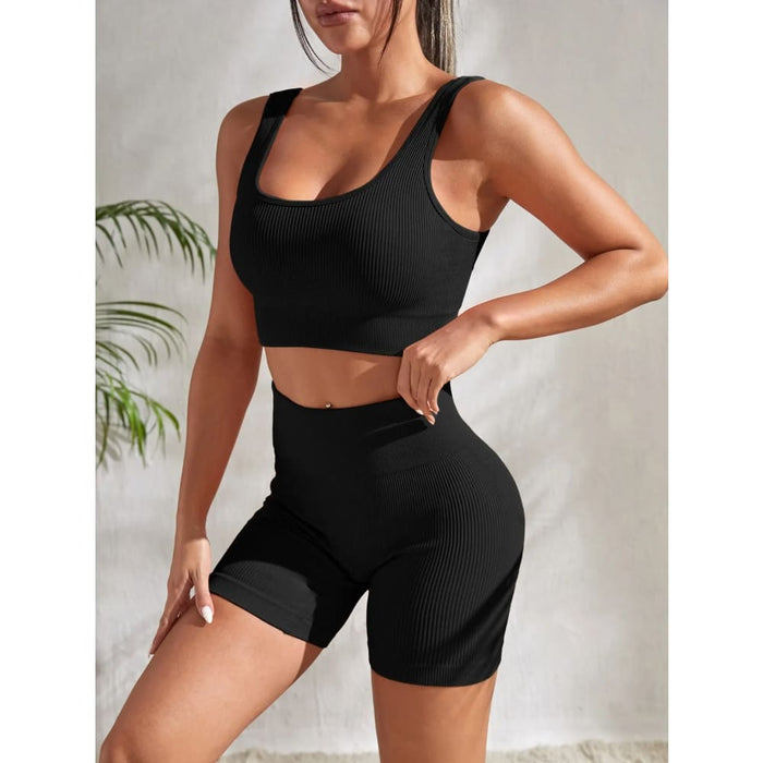 Ribbed Yoga Set Crop Tank And High Waist Shorts