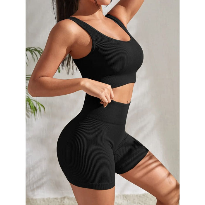 Ribbed Yoga Set Crop Tank And High Waist Shorts