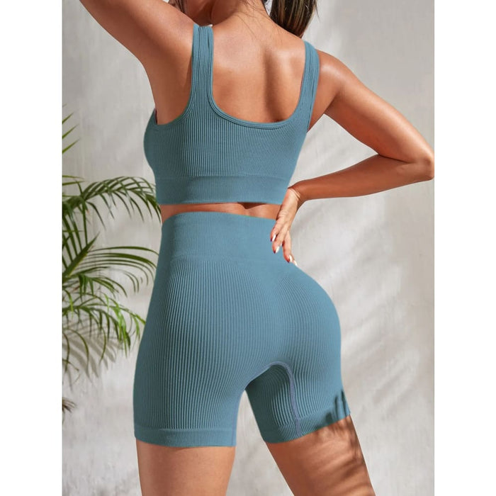 Ribbed Yoga Set Crop Tank And High Waist Shorts
