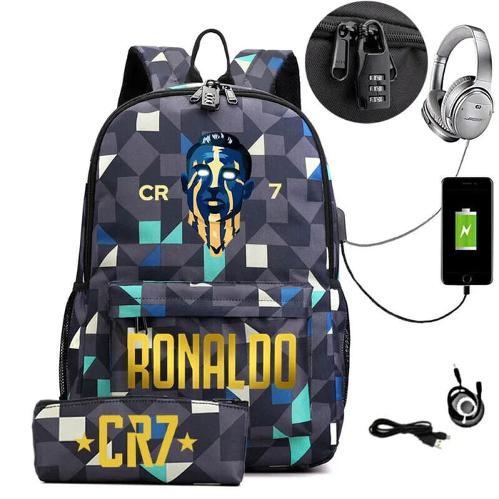 Ronaldo Printed Backpack with Usb and Lock 2 Piece Set