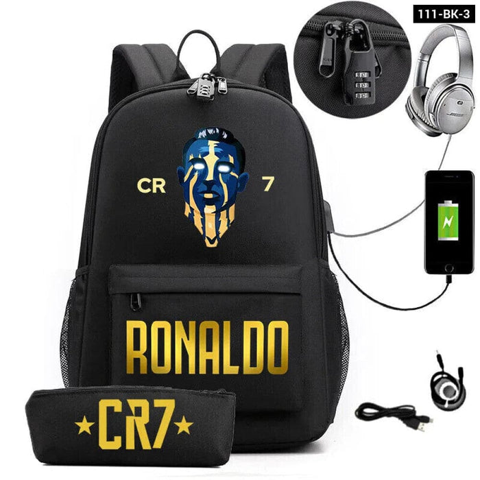 Ronaldo Printed Backpack with Usb and Lock 2 Piece Set