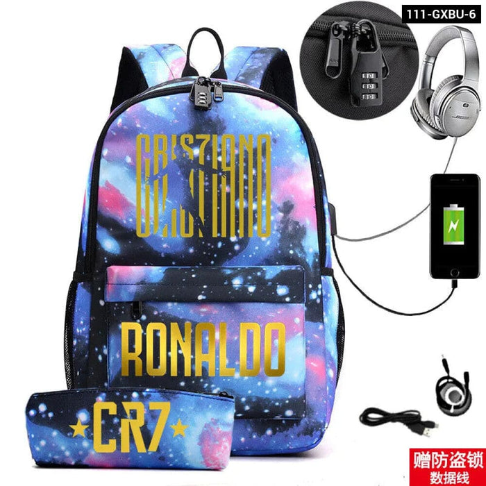 Ronaldo Printed Backpack with Usb and Lock 2 Piece Set