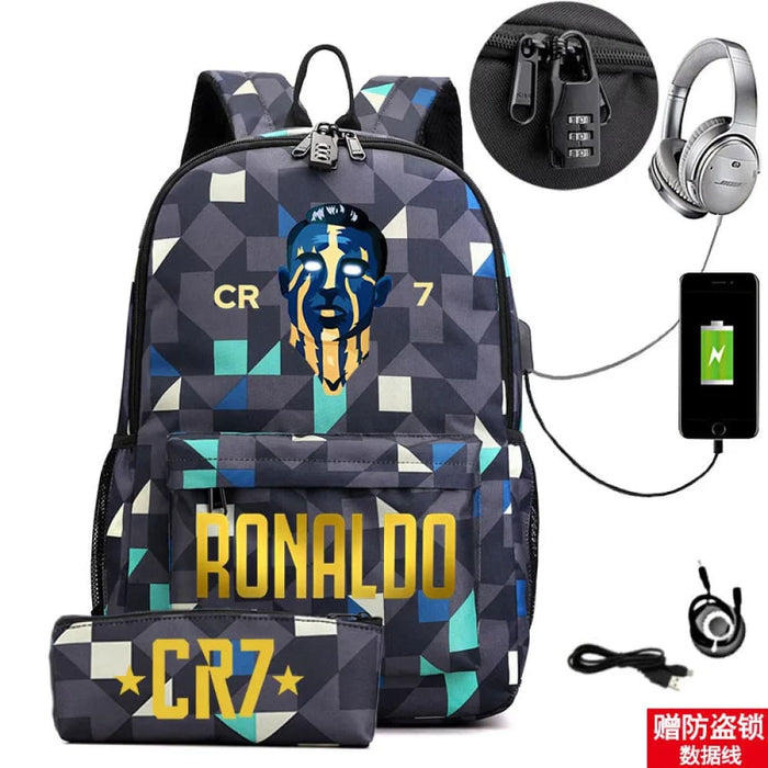 Ronaldo Printed Backpack with Usb and Lock 2 Piece Set