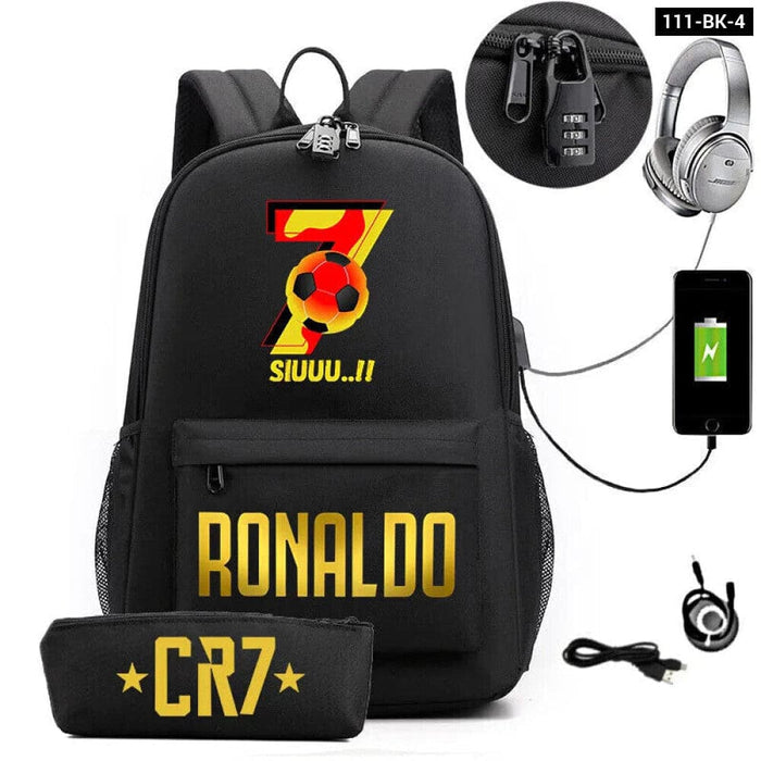 Ronaldo Printed Backpack with Usb and Lock 2 Piece Set