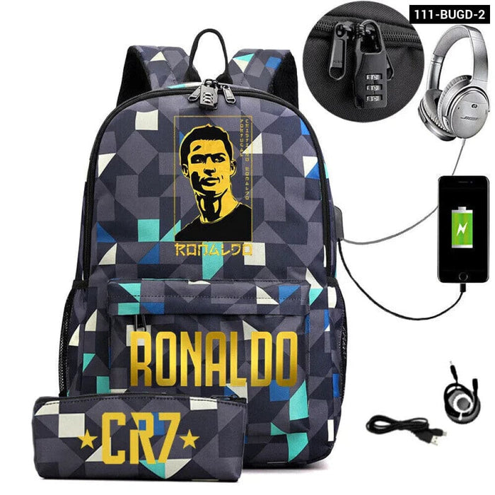 Ronaldo Printed Backpack with Usb and Lock 2 Piece Set
