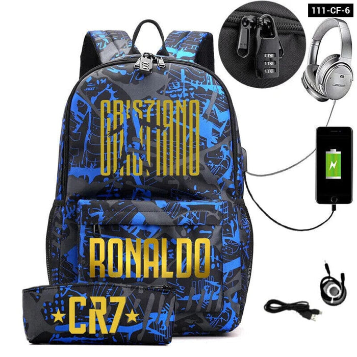 Ronaldo Printed Backpack with Usb and Lock 2 Piece Set