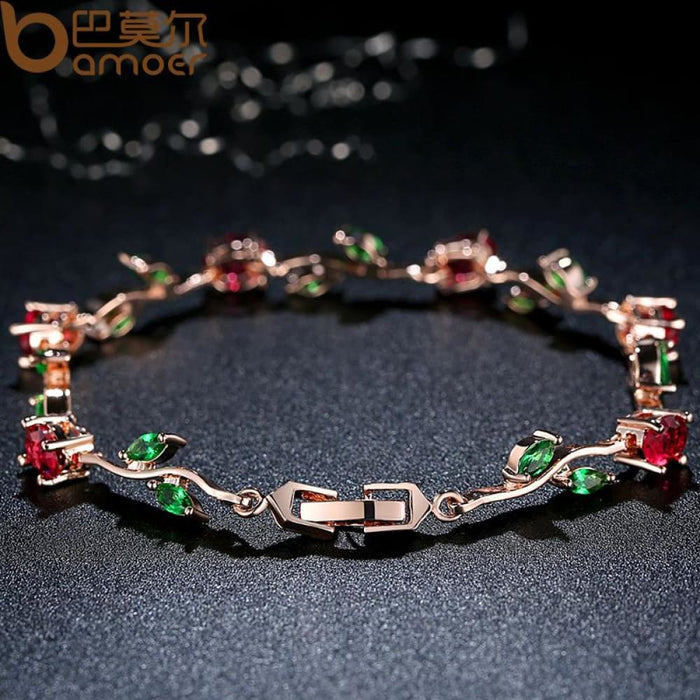 Rose Gold Colour Leaf Chain & Link Bracelet With Red
