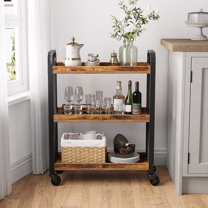 Rustic Brown Kitchen Trolley Rolling Cart With Steel