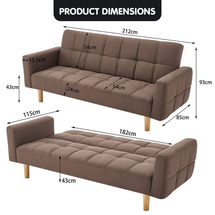 Sarantino 3-seater Fabric Sofa Bed Futon - Brown