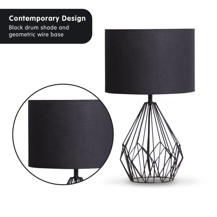 Sarantino Metal Wire Table Lamp in Black Finish with Drum