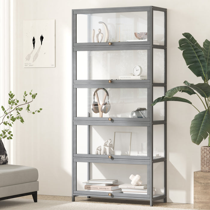 5 Tier Display Storage Cabinet With Magnetic Closure Door Hallway Shelves Cabinet For Living Room Dining Room Kitchen Bathroom Size 78.5X32X172Cm Gray