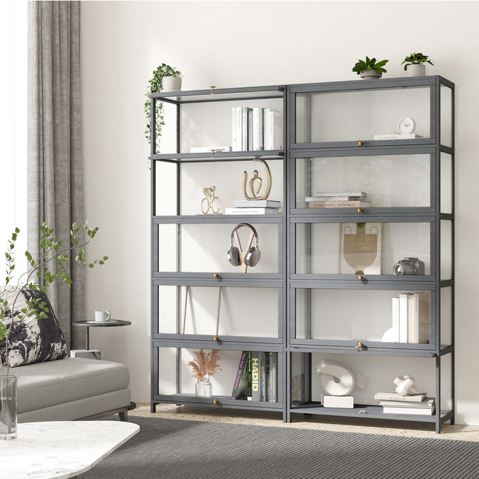 5 Tier Display Storage Cabinet With Magnetic Closure Door Hallway Shelves Cabinet For Living Room Dining Room Kitchen Bathroom Size 78.5X32X172Cm Gray