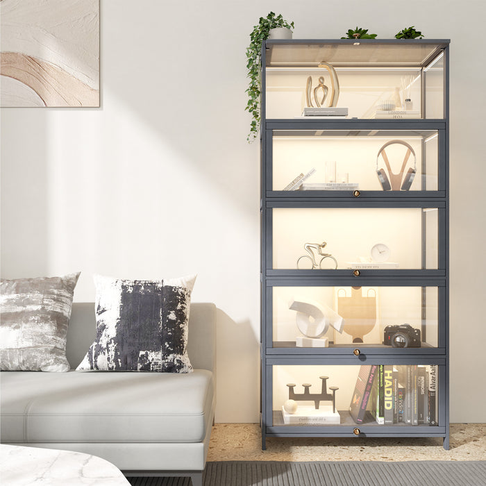 5 Tier Display Storage Cabinet With Magnetic Closure Door Hallway Shelves Cabinet For Living Room Dining Room Kitchen Bathroom Size 78.5X32X172Cm Gray