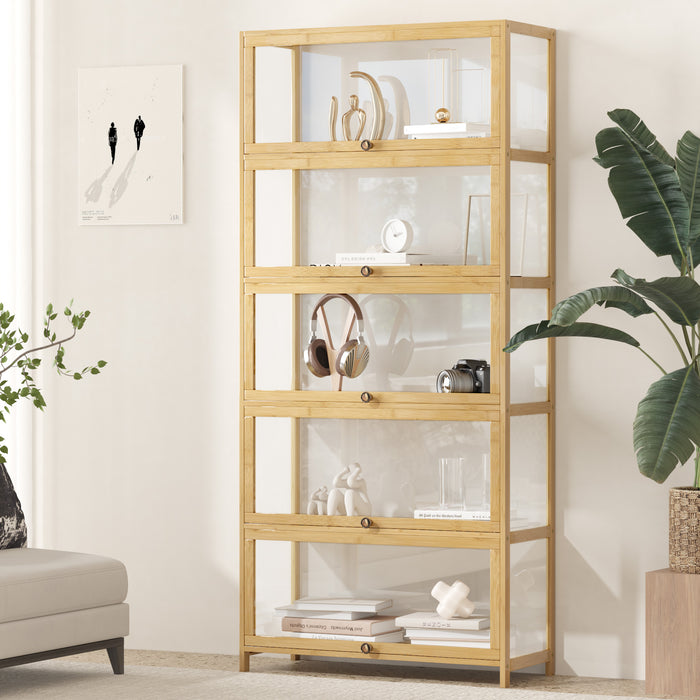 5 Tier Display Storage Cabinet With Magnetic Closure Door Hallway Shelves Cabinet For Living Room Dining Room Kitchen Bathroom Size 78.5X32X172Cm Natural