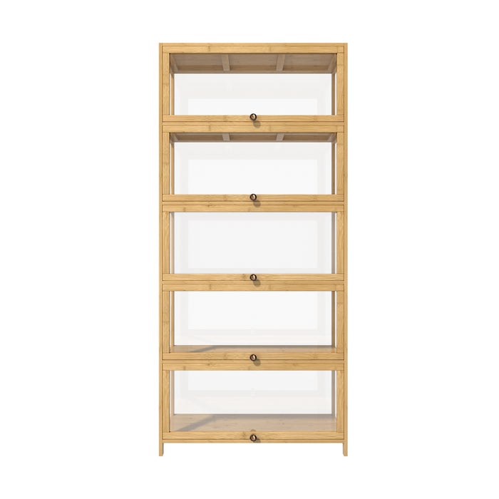 5 Tier Display Storage Cabinet With Magnetic Closure Door Hallway Shelves Cabinet For Living Room Dining Room Kitchen Bathroom Size 78.5X32X172Cm Natural