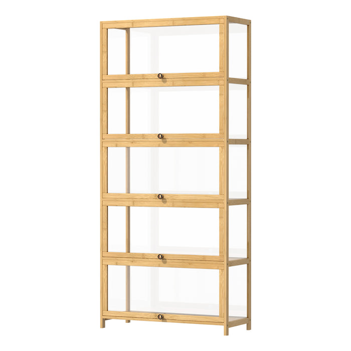 5 Tier Display Storage Cabinet With Magnetic Closure Door Hallway Shelves Cabinet For Living Room Dining Room Kitchen Bathroom Size 78.5X32X172Cm Natural