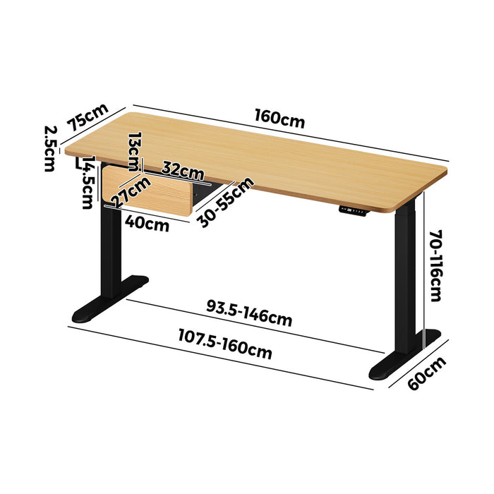 160Cm Electric Standing Desk Dual Motor Drawer Adjustable Oak Black