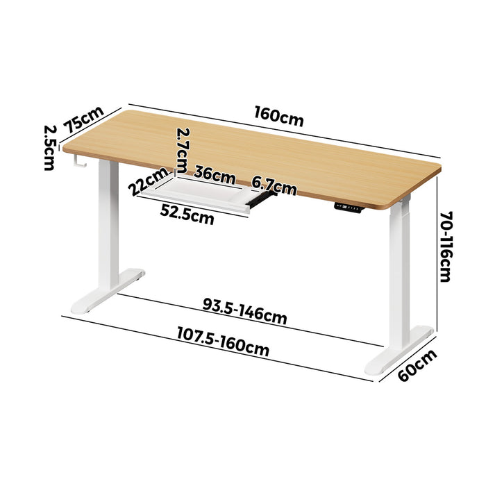 160Cm Electric Standing Desk With Drawer Height Adjustable White Oak