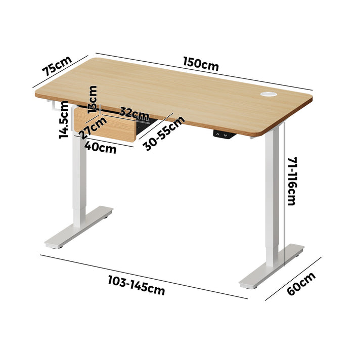 150Cm Electric Standing Desk W / Drawer Motorised Adjustable White Oak