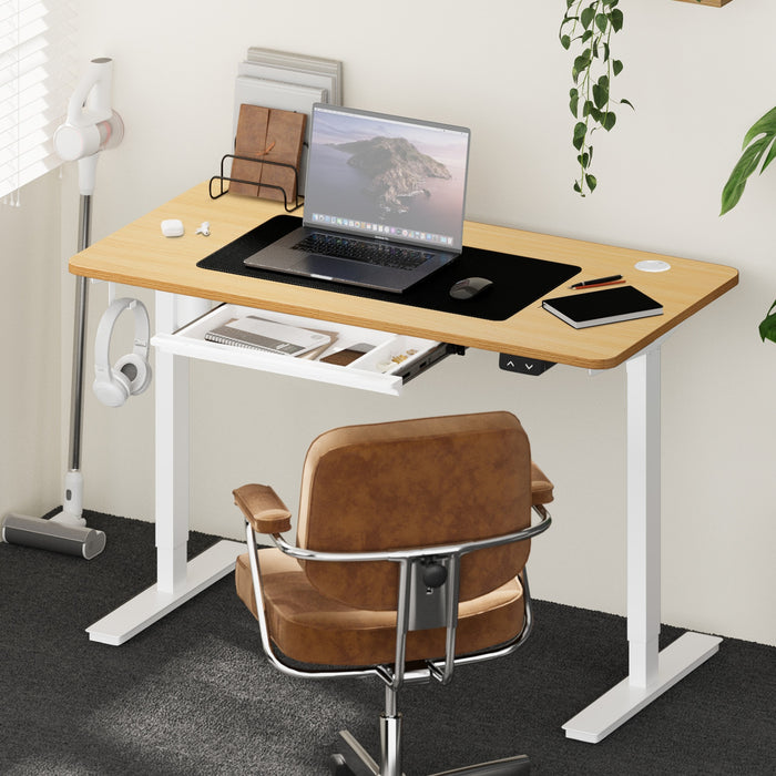 140Cm Electric Standing Desk With Drawer Height Adjustable White & Oak