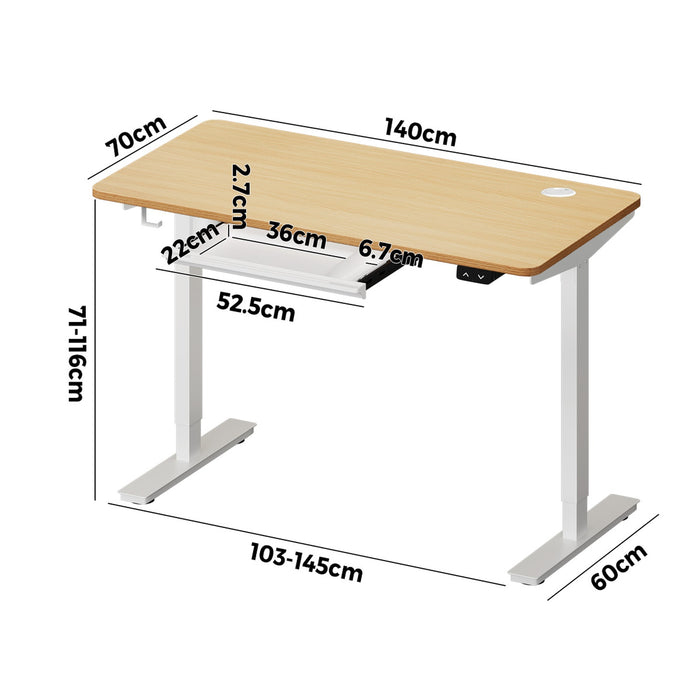 140Cm Electric Standing Desk With Drawer Height Adjustable White & Oak