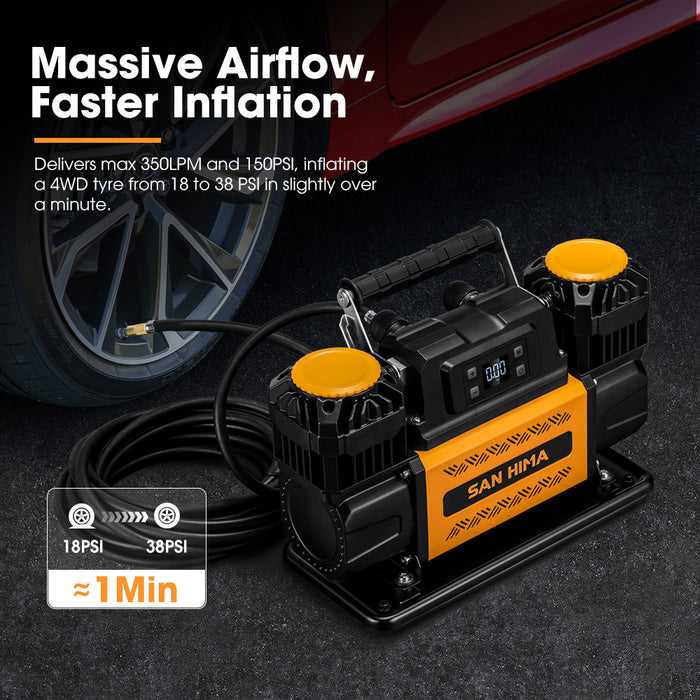 12V Dual Cylinders Air Compressor 350L/Min 150Psi Digital Portable