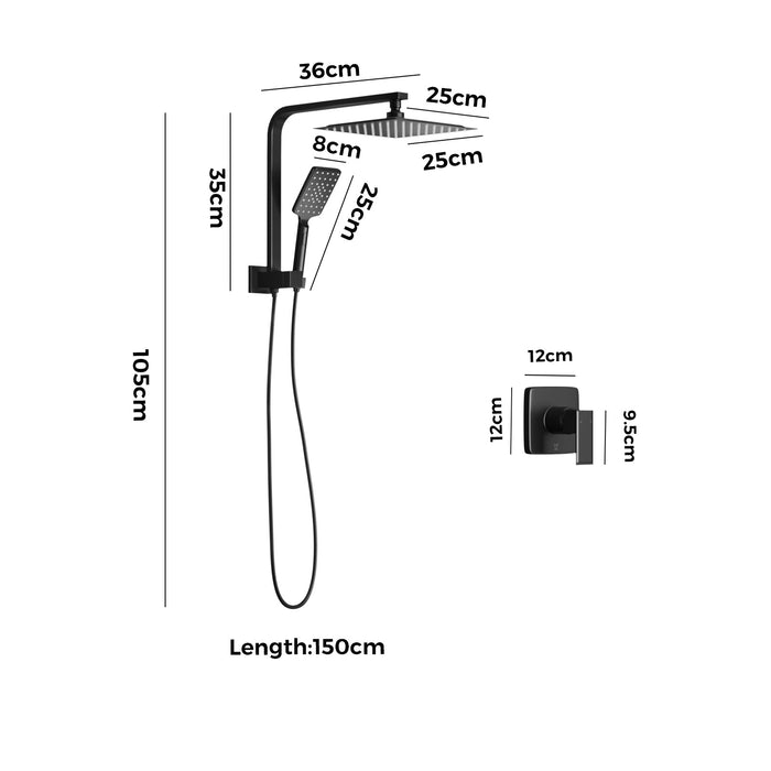 10" Rain Shower Head Set With Mixer Square 3-Mode Handheld Shower Black