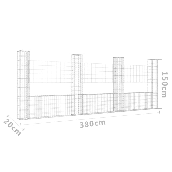 U-shape Gabion Basket with 4 Posts Iron 380x20x150 Cm Opoxna