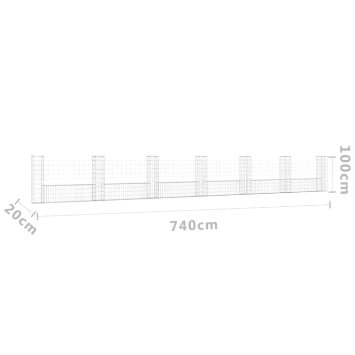U-shape Gabion Basket with 7 Posts Iron 740x20x100 Cm Opoxnb