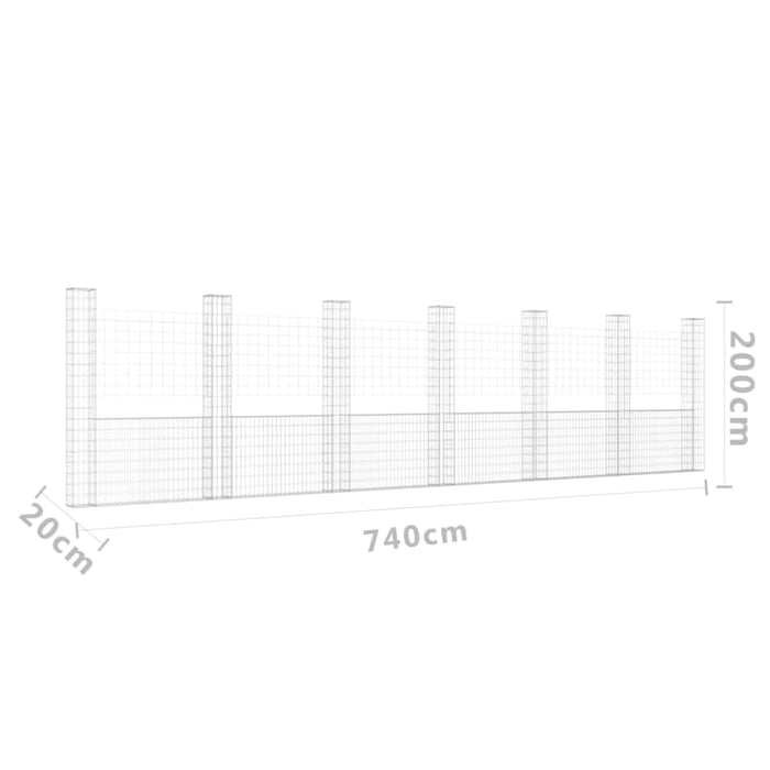 U-shape Gabion Basket with 7 Posts Iron 740x20x200 Cm Opoxka