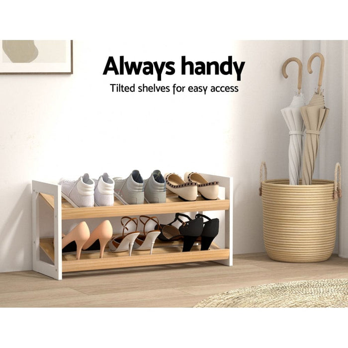 Shoe Rack Wooden Storage 2 Tier Tilted Shelves Stand