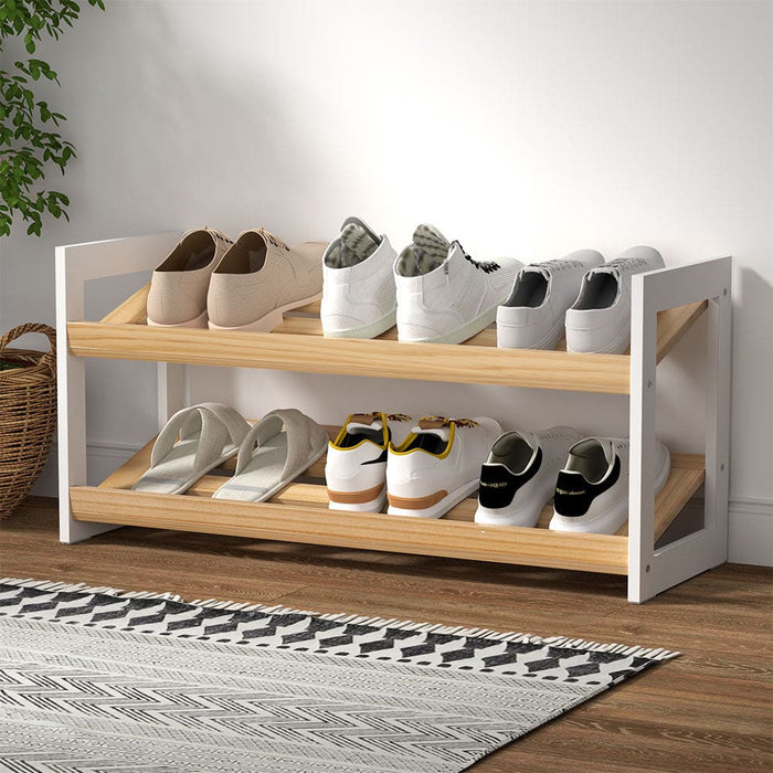 Shoe Rack Wooden Storage 2 Tier Tilted Shelves Stand