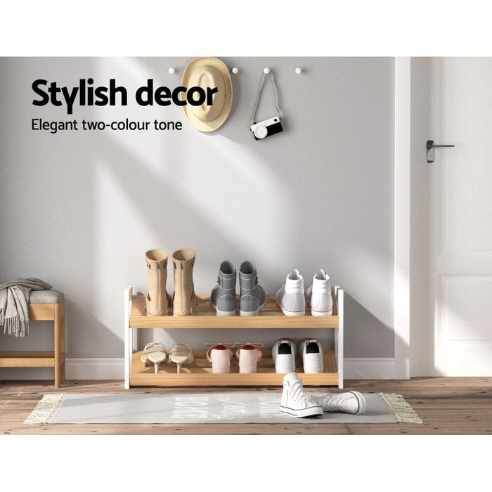 Shoe Rack Wooden Storage 2 Tier Tilted Shelves Stand