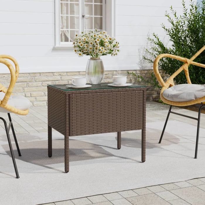 Side Table Brown 53x37x48 Cm Poly Rattan and Tempered Glass