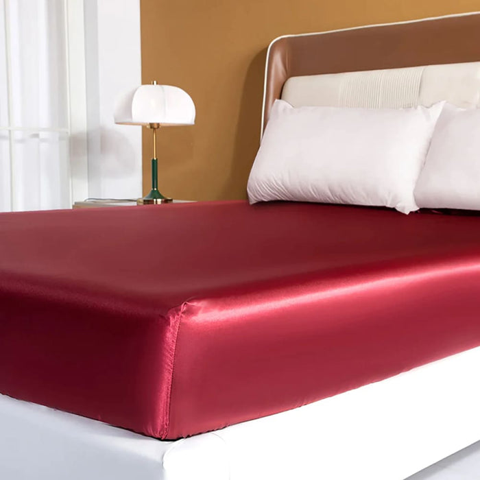 Silky Red Rayon Fitted Sheet Smooth Elastic High End Bedding