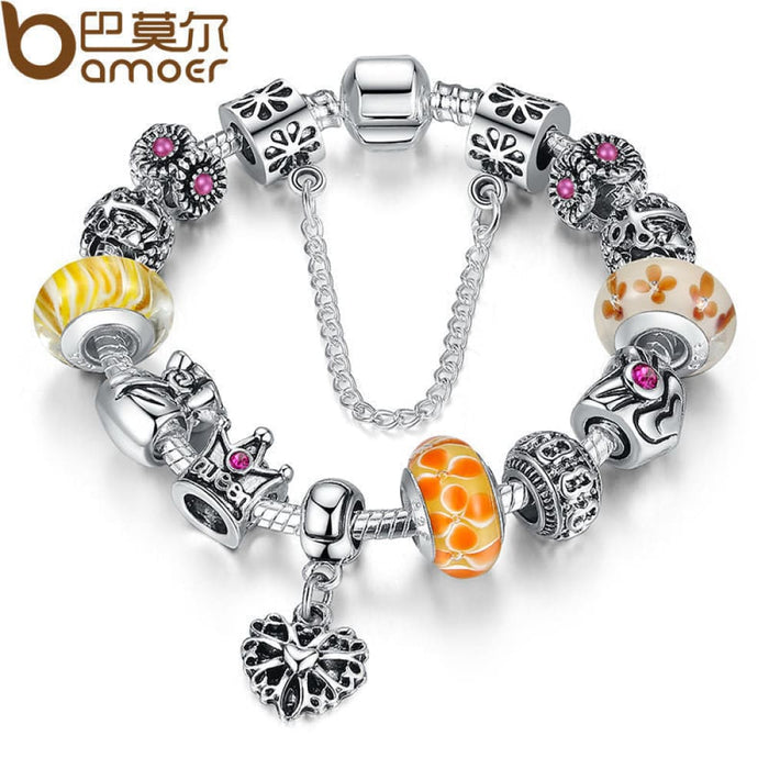 Silver Plated Queen Crown Beads Charms Bracelet For Women