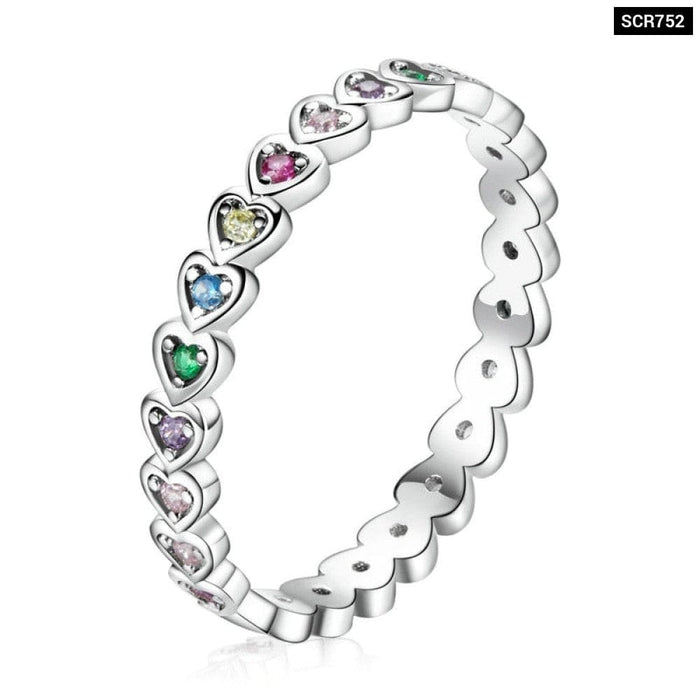 Silver Rainbow Love Ring Crystal Heart 925 Sterling Jewelry