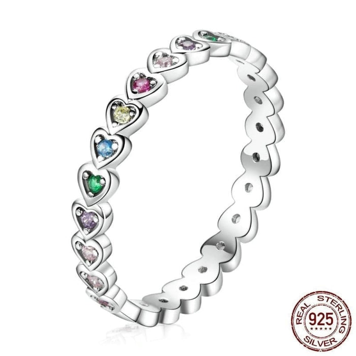 Silver Rainbow Love Ring Crystal Heart 925 Sterling Jewelry