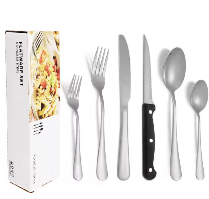 24 Piece Stainless Steel Tableware Set With Steak Knives & Dessert Spoons In Colour Box Packaging