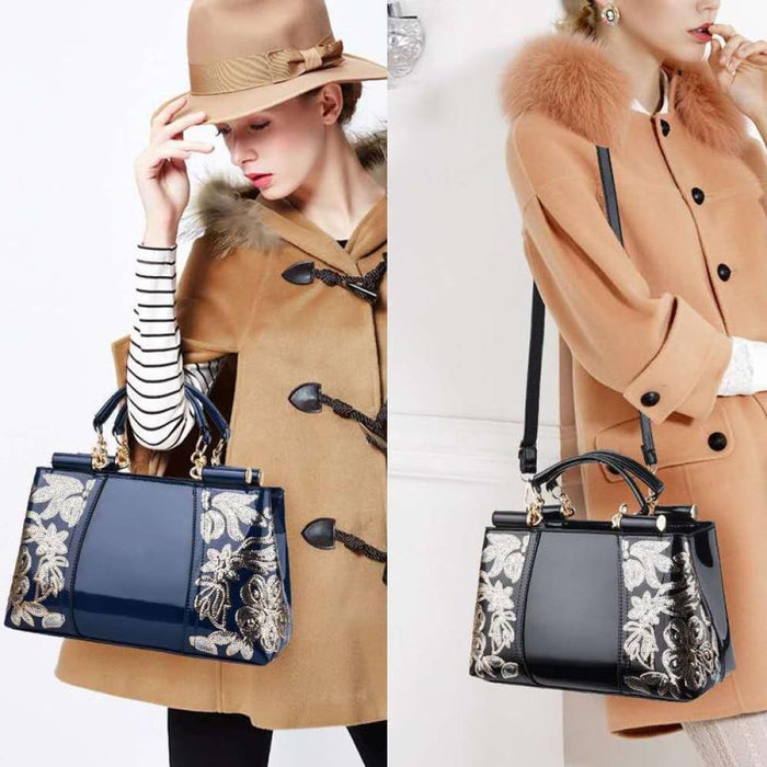 Single Sided Embroidered Shiny Leather Handbag