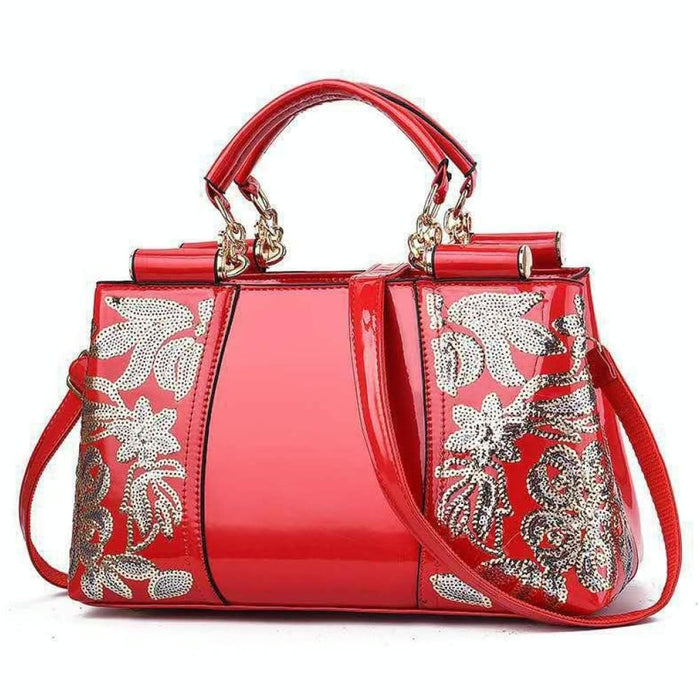 Single Sided Embroidered Shiny Leather Handbag