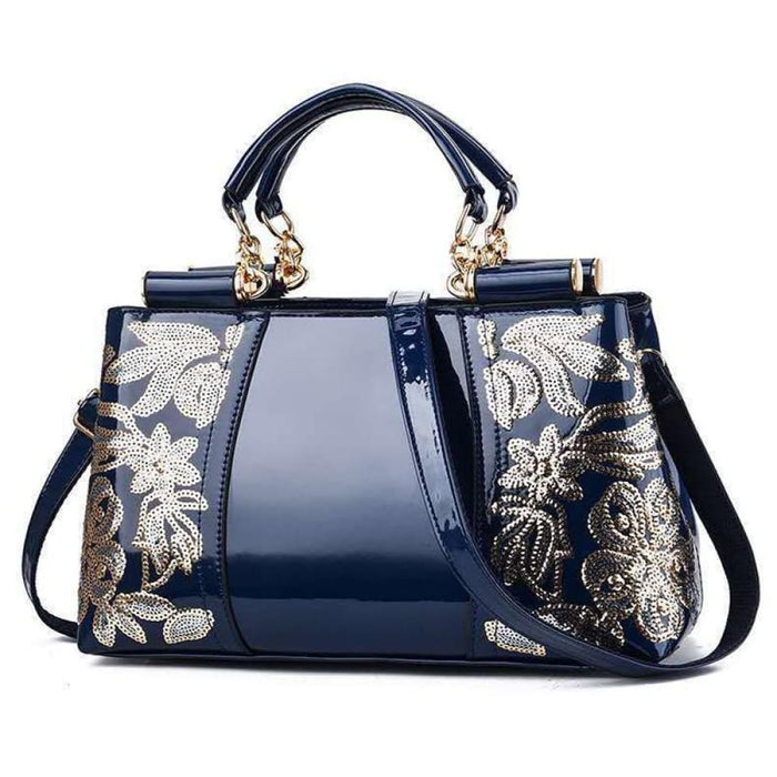Single Sided Embroidered Shiny Leather Handbag