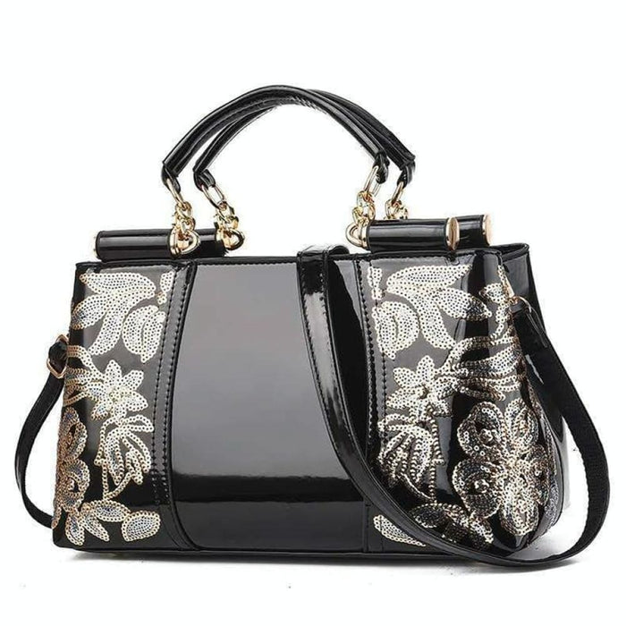 Single Sided Embroidered Shiny Leather Handbag