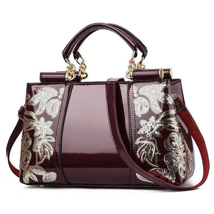Single Sided Embroidered Shiny Leather Handbag