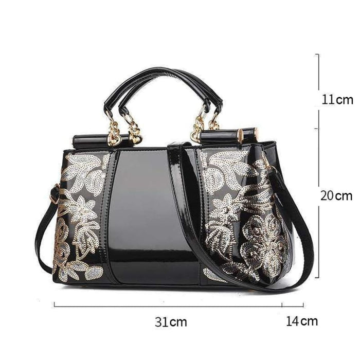 Single Sided Embroidered Shiny Leather Handbag