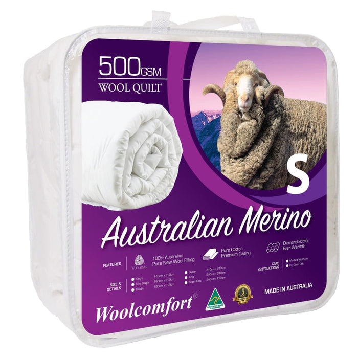 Single Size Australian Made Merino Wool Quilt 500gsm