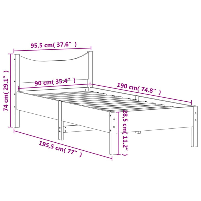 Single Size Bed Frame 90x190 Cm Solid Wood Pine Naaipt