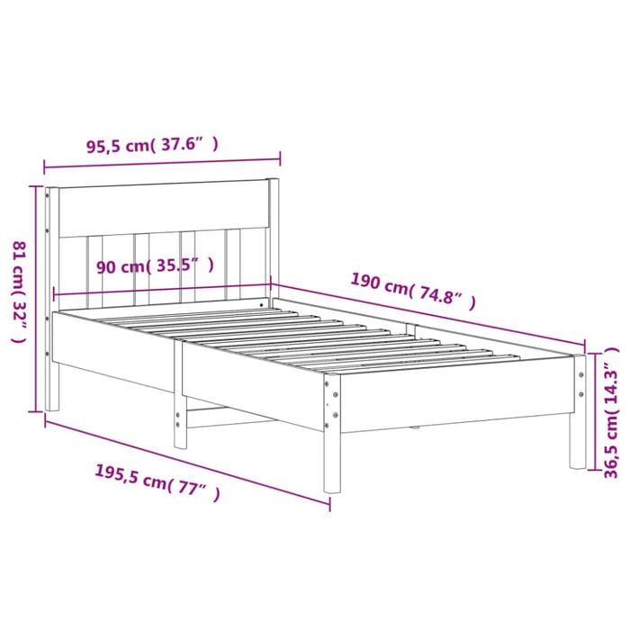 Single Size Bed Frame with Headboard 90x190 Cm Solid Wood